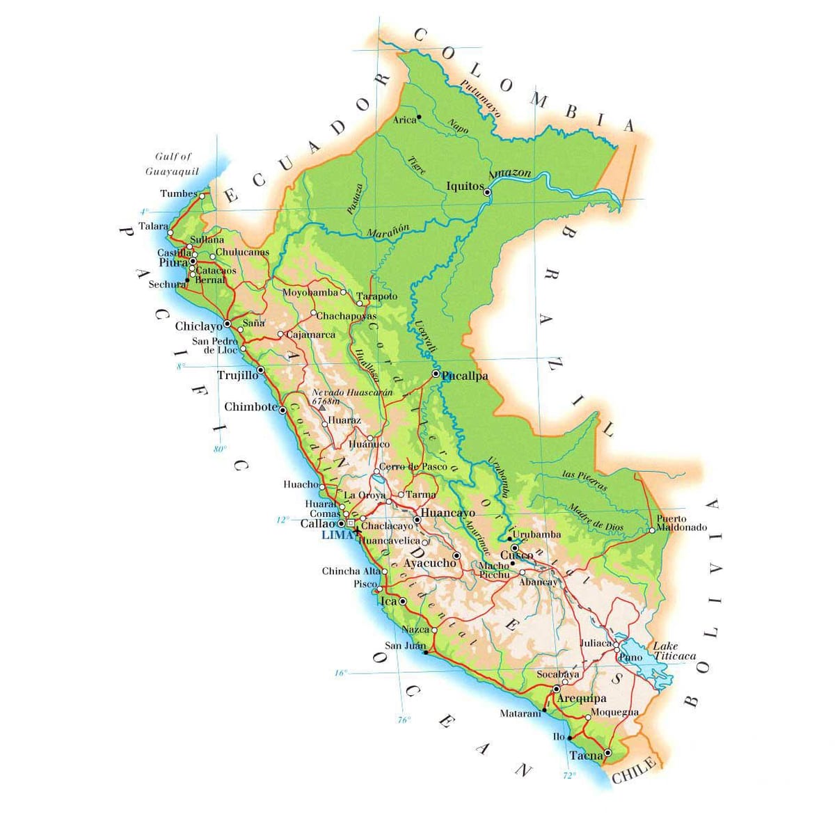แผนที่ของทางกายภาพบนแผนที่ของเปรู