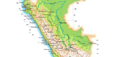 แผนที่ของทางกายภาพบนแผนที่ของเปรู